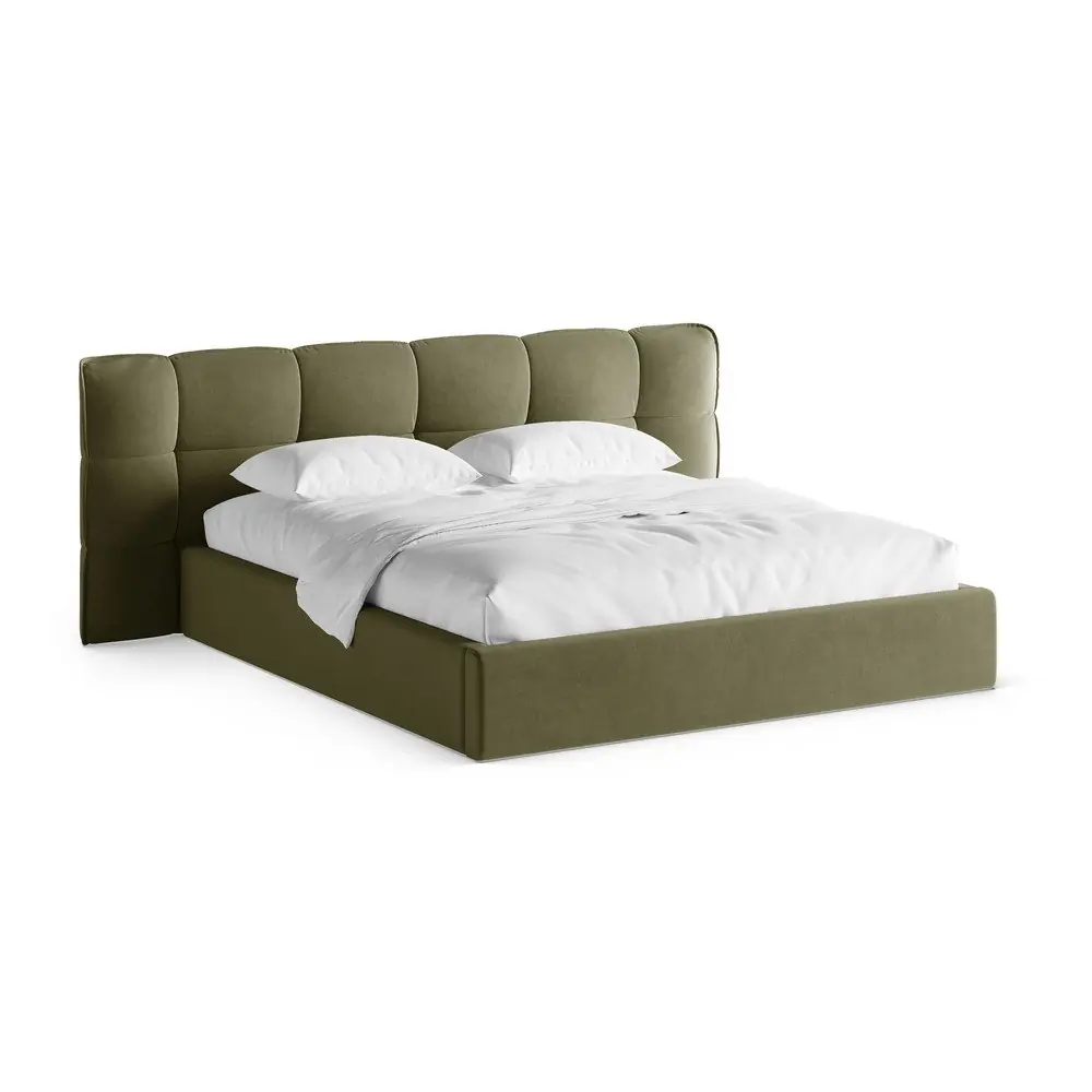 Pat matrimonial verde tapițat cu spațiu de depozitare cu somieră 200x200 cm Eric – Micadoni