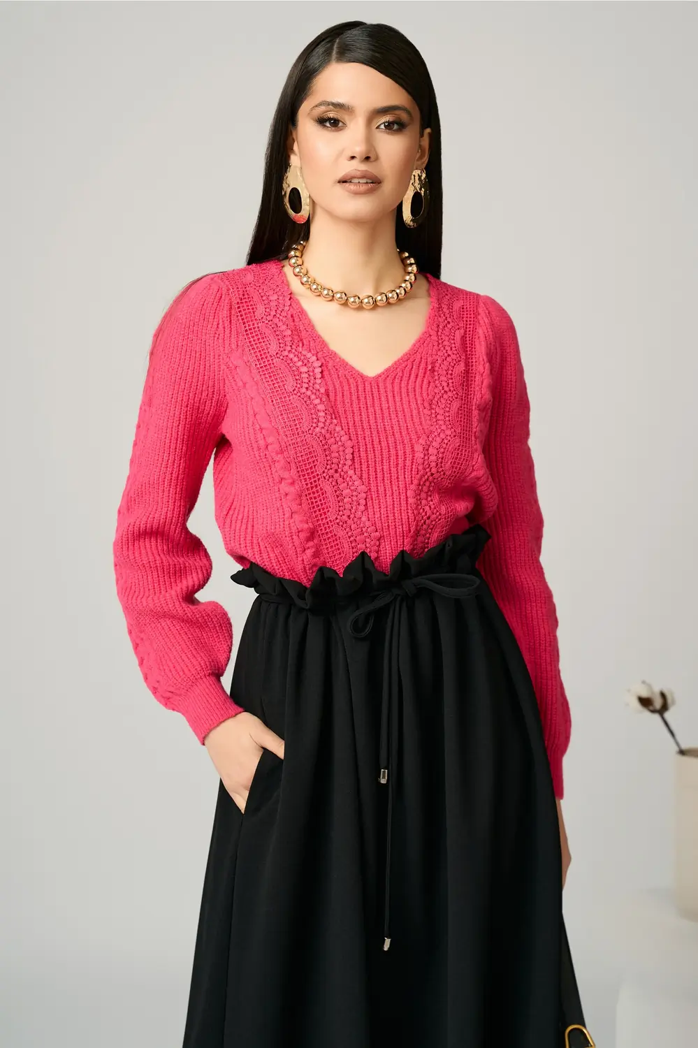 Bluza casual din tricot fucsia cu dantela