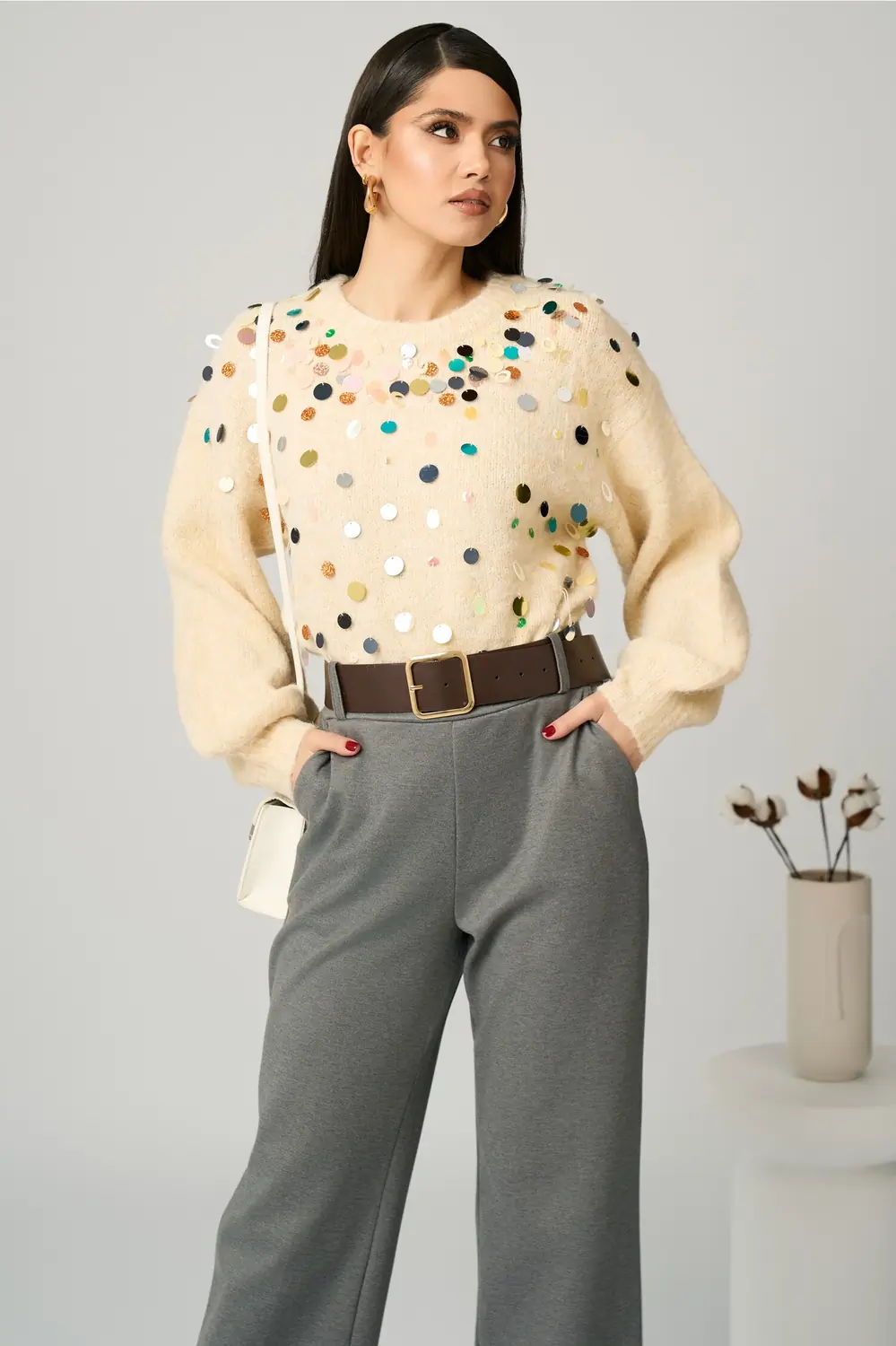 Bluza casual din tricot ivory cu paiete maxi colorate