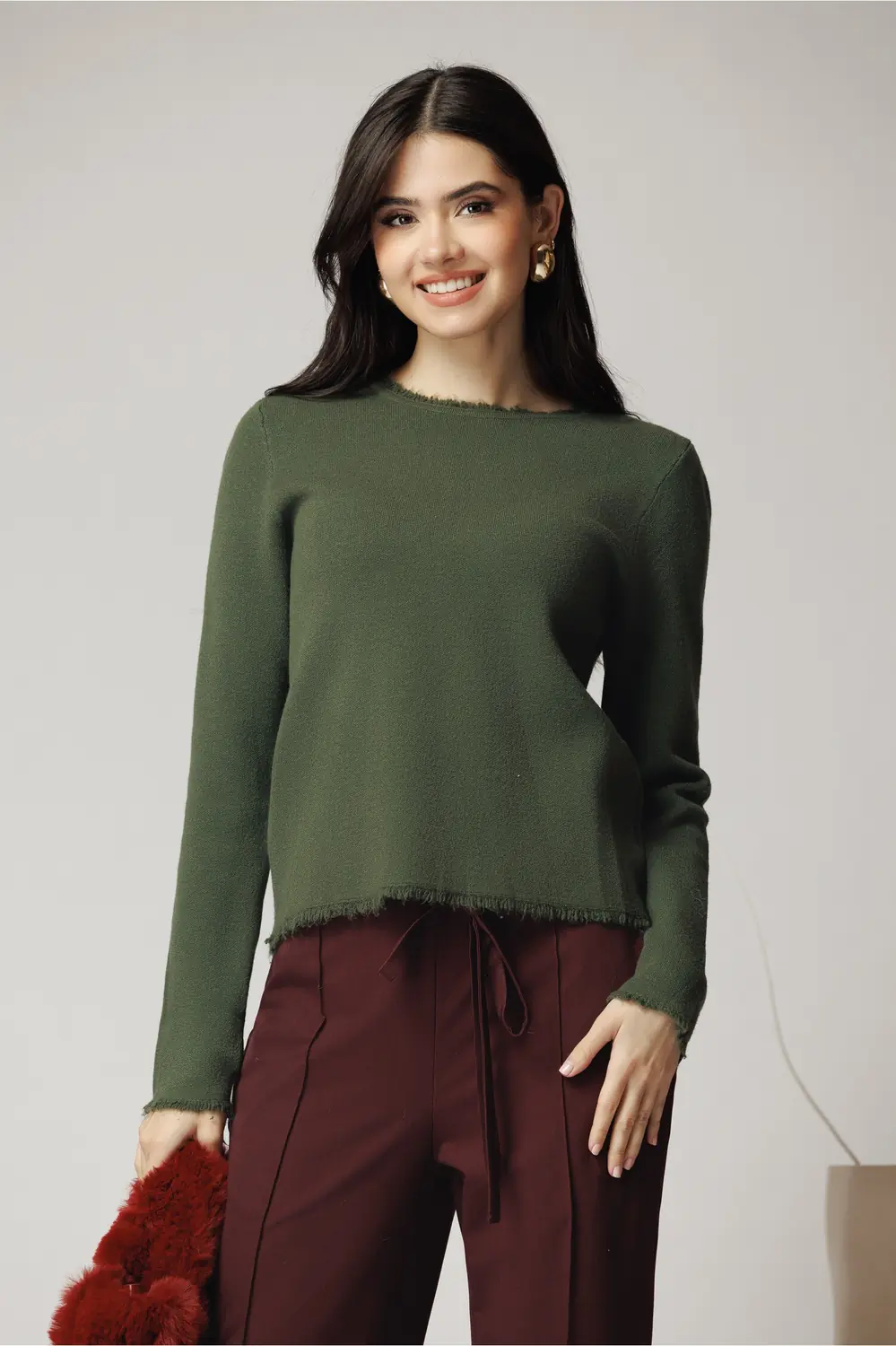 Bluza casual din tricot kaki cu franjuri