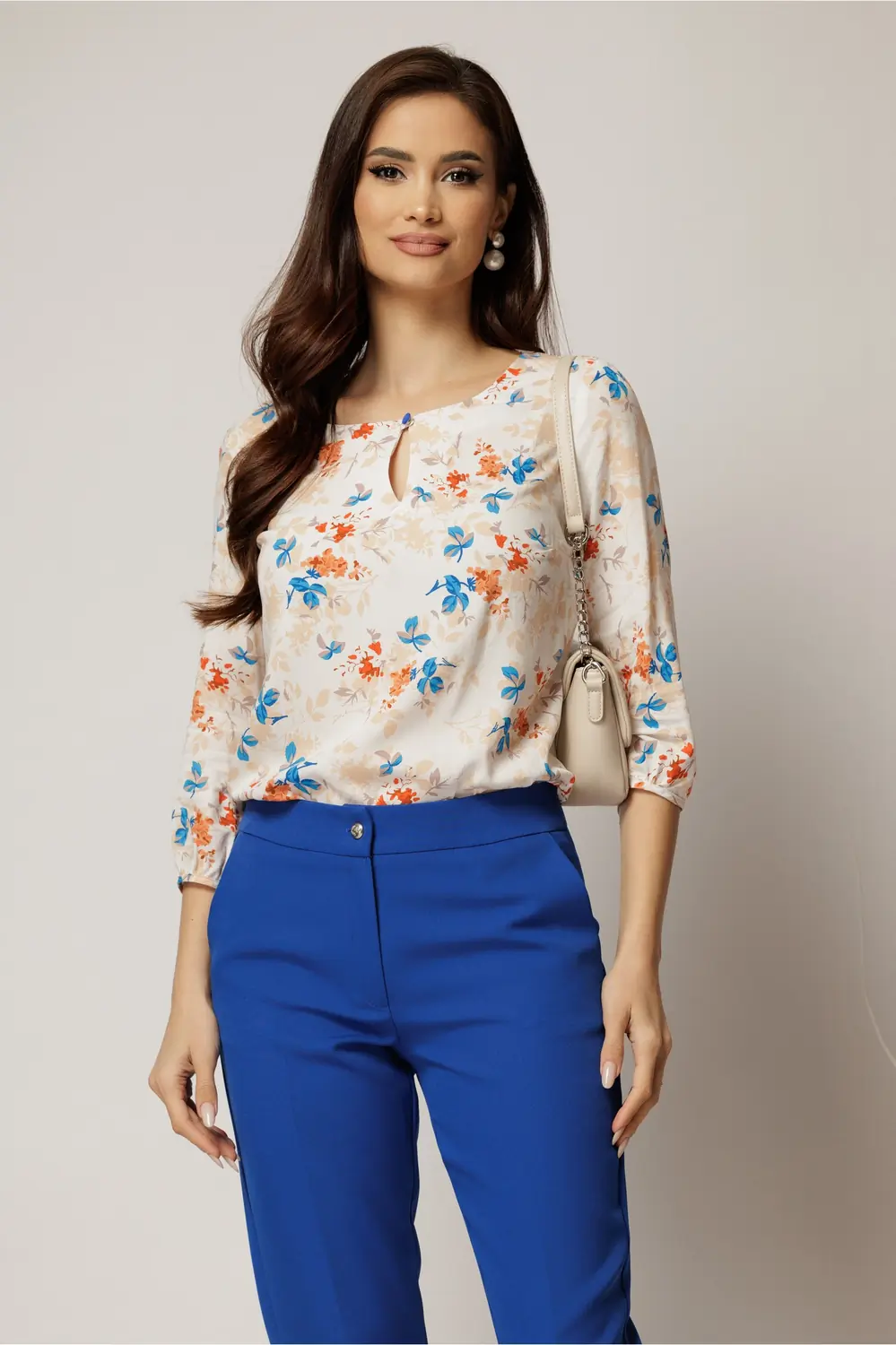 Bluza din viscoza cu imprimeu bej si albastru