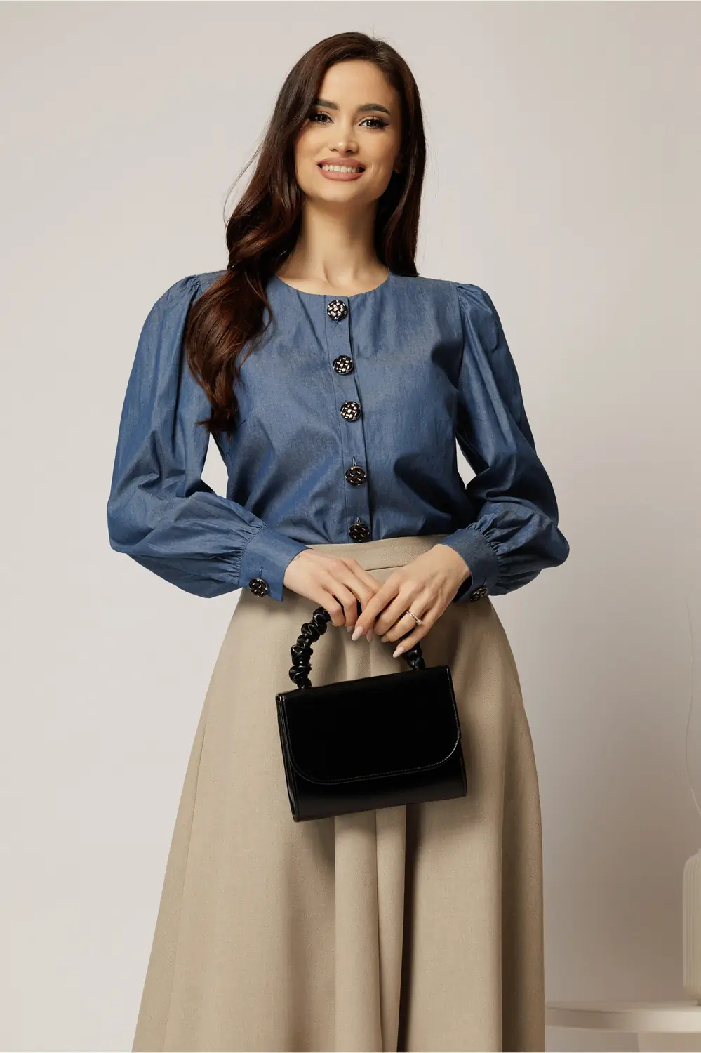 Bluza DY Fashion bleumarin din bumbac cu maneci lungi si nasturi eleganti