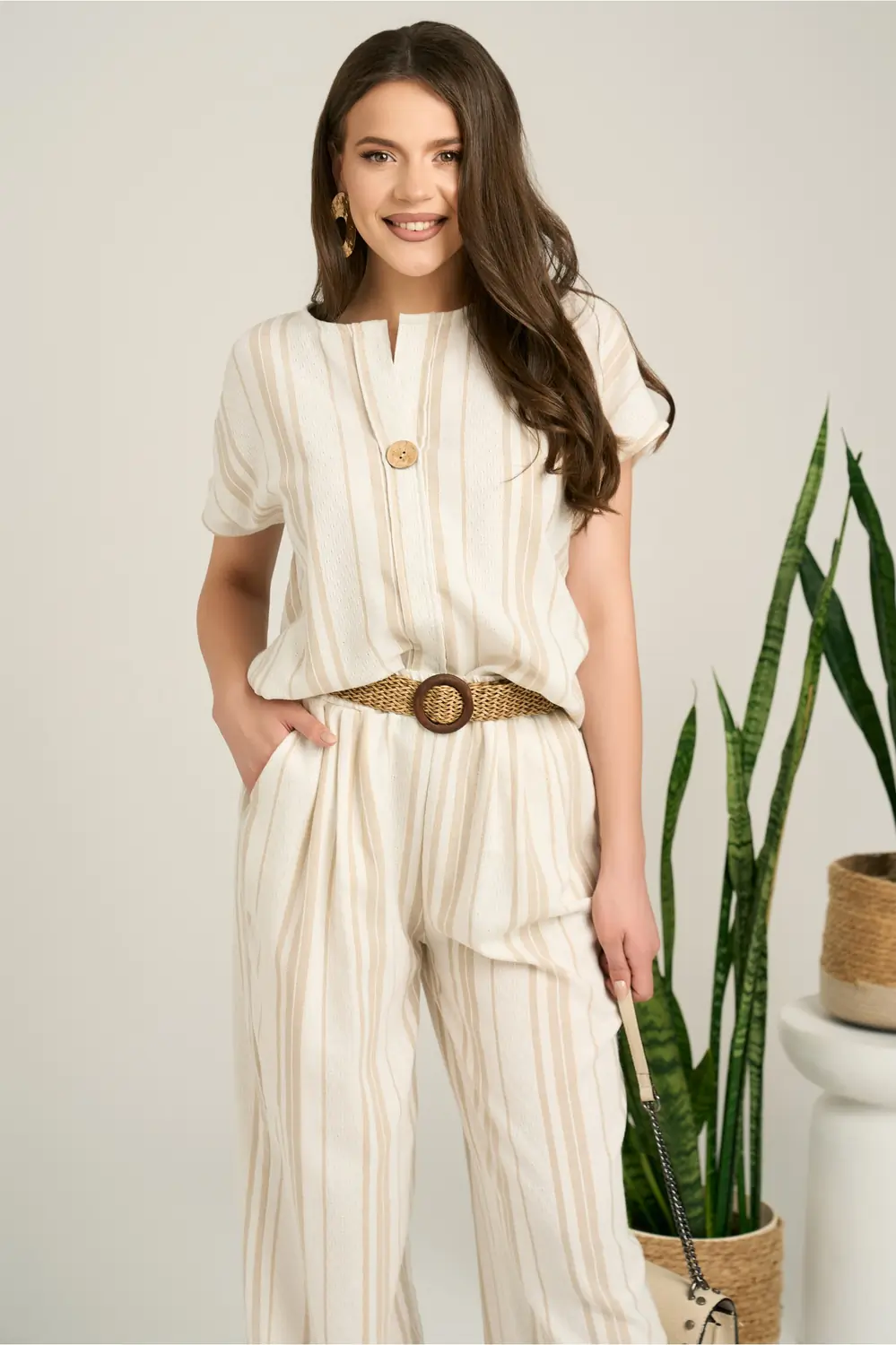 Bluza ivory cu dungi bej lejera cu adaos de bumbac si in