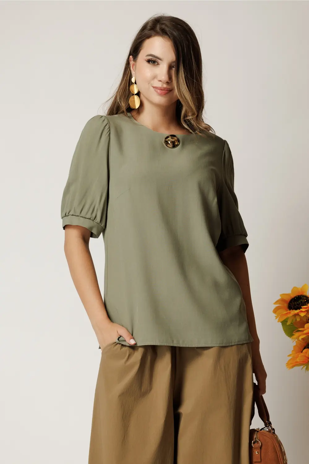 Bluza kaki din viscoza cu croi drept