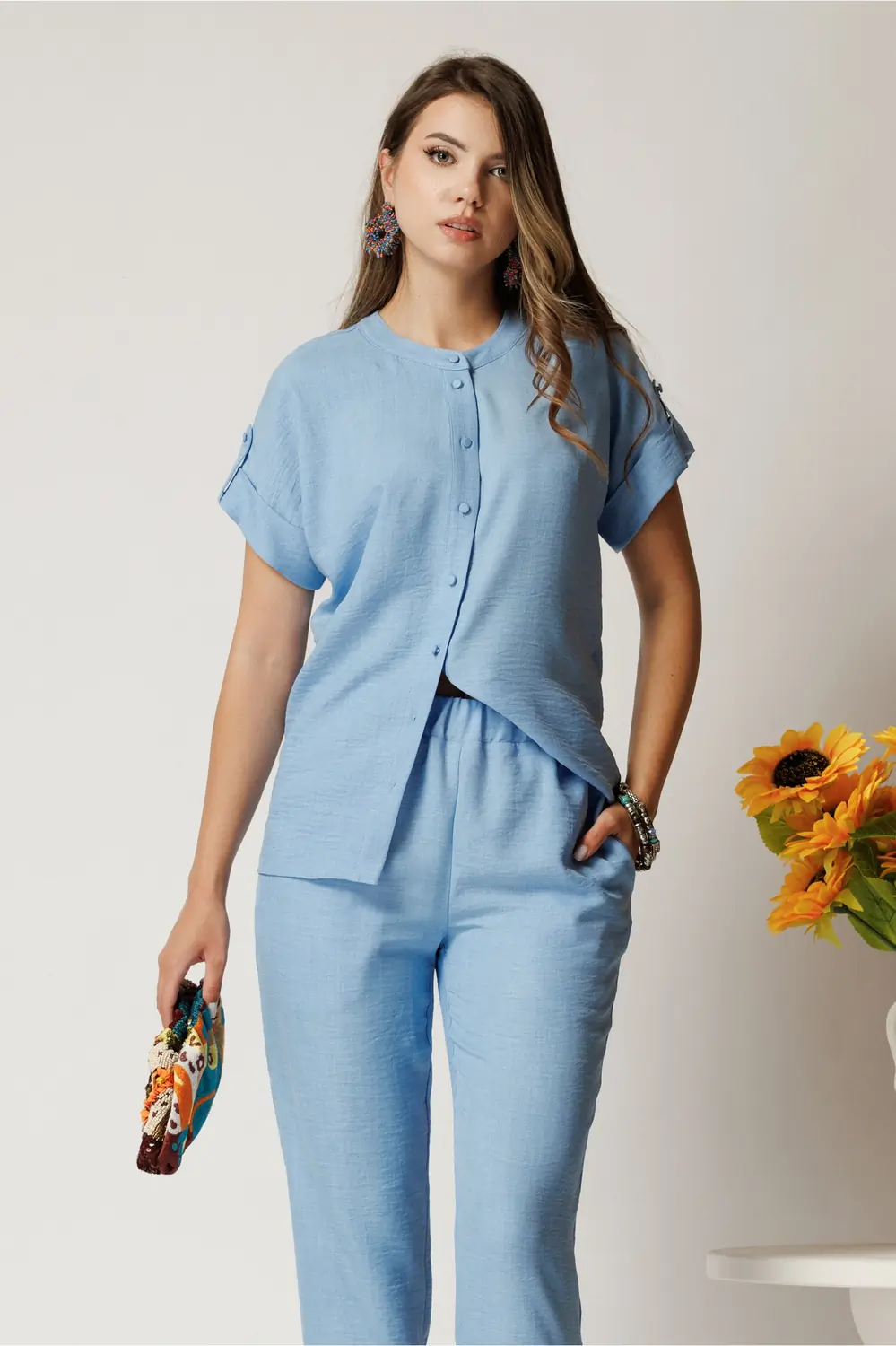 Camasa DY Fashion bleu din material vaporos cu croi drept si nasturi