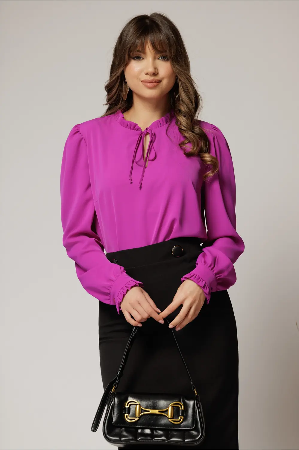 Camasa DY Fashion magenta din voal cu guler incretit