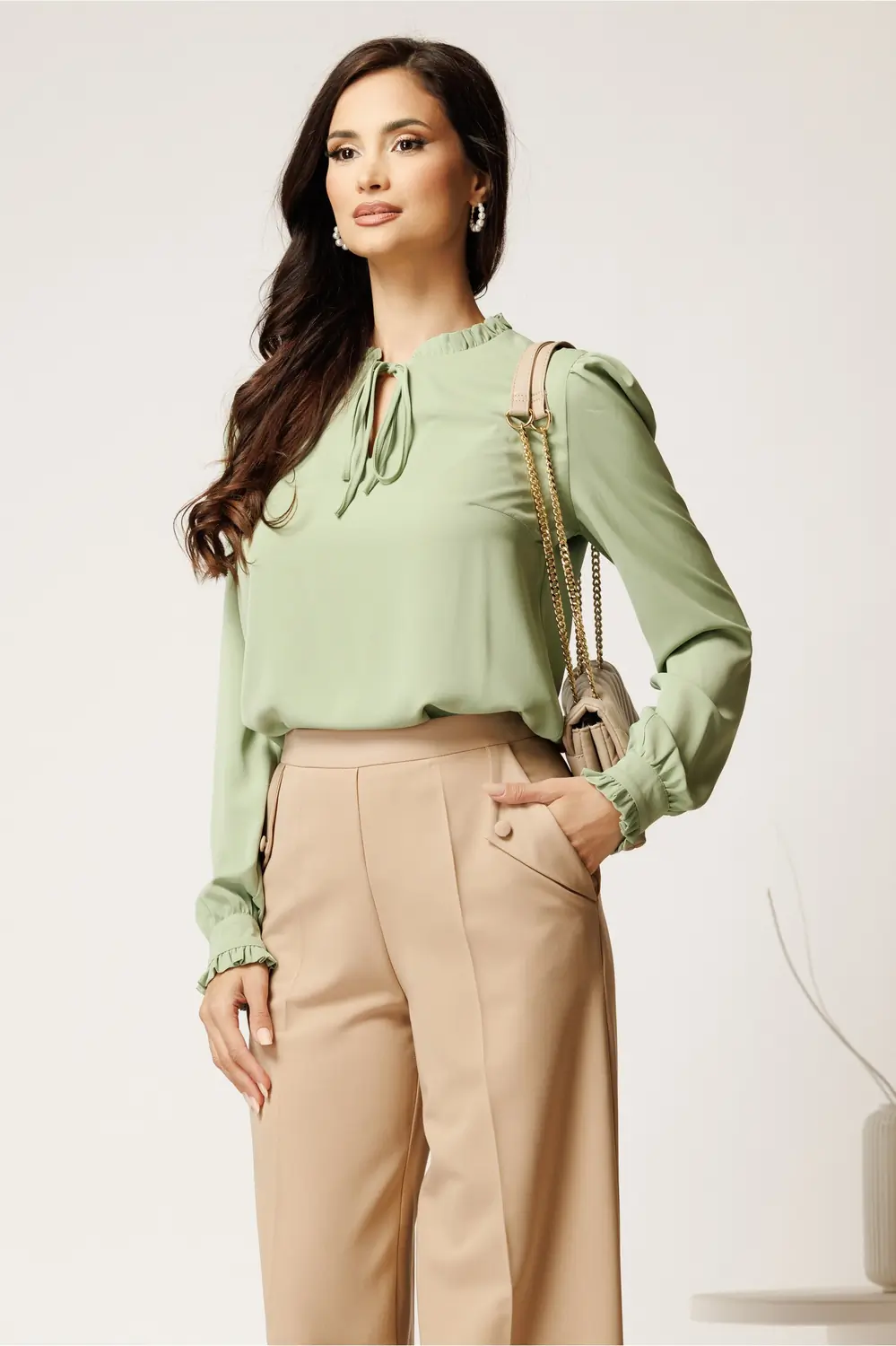 Camasa DY Fashion verde mint din voal cu guler incretit