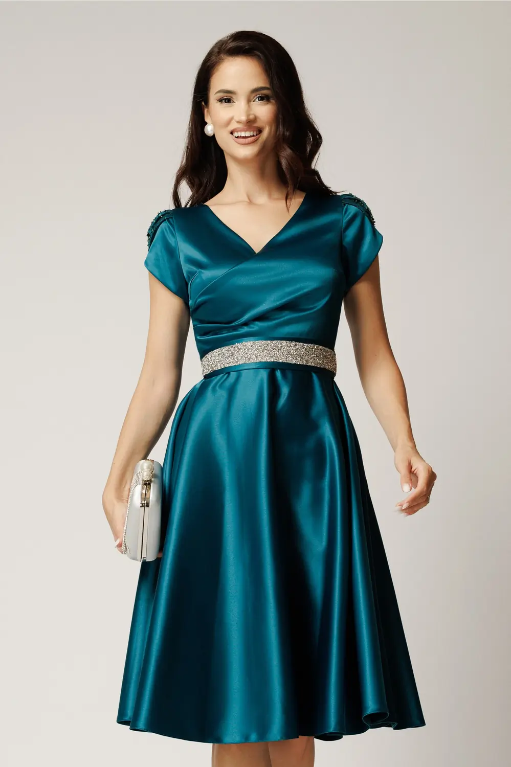 Rochie Amira midi verde petrol din tafta cu paiete pe maneci si cordon in talie