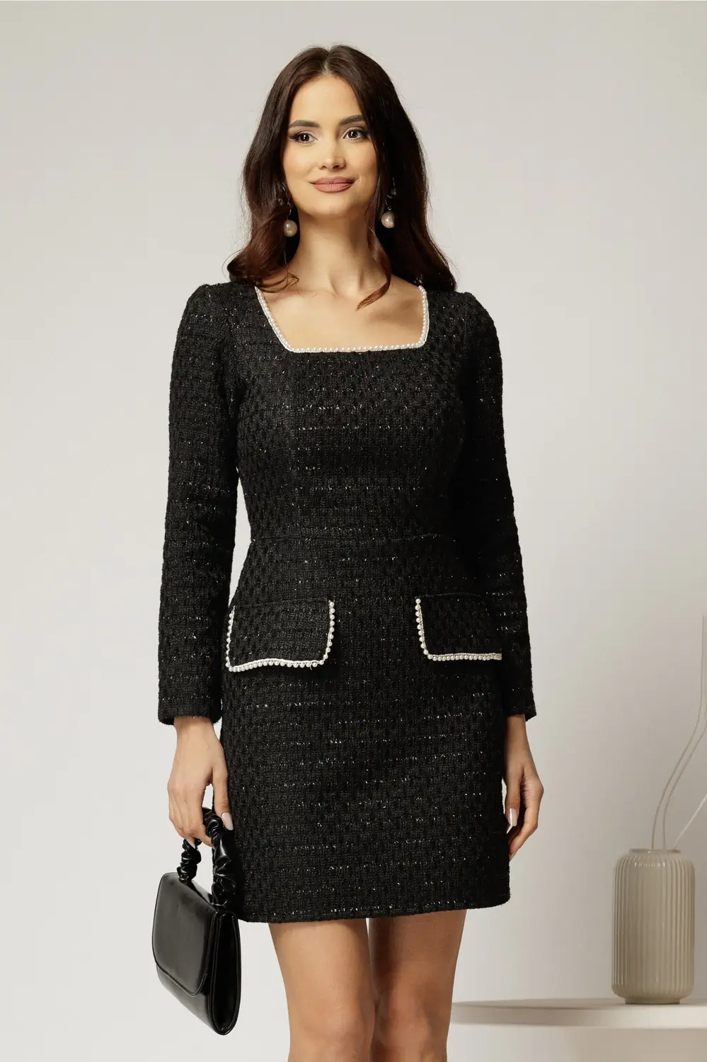 Rochie Bonnie neagra din tweed cu lurex si perle