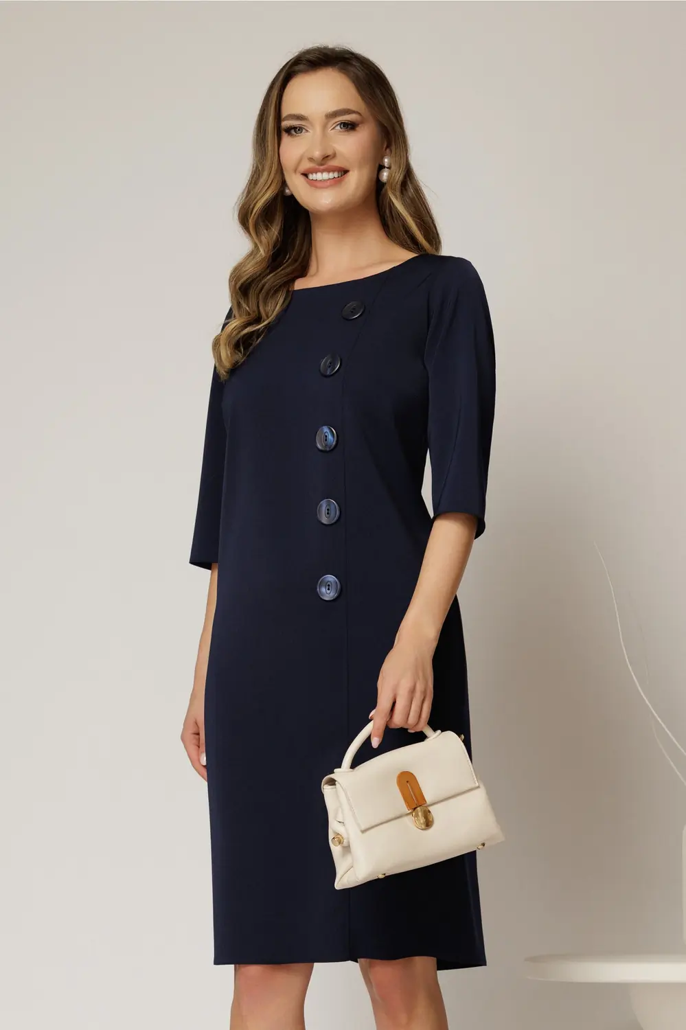 Rochie DY Fashion bleumarin midi croi drept cu nasturi