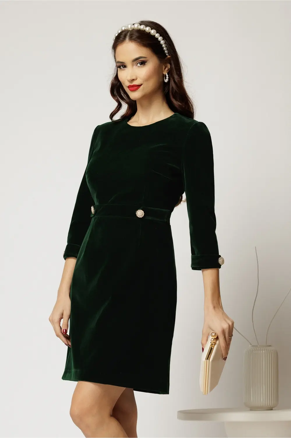Rochie DY Fashion din catifea fixa verde cu nasturi pe talie