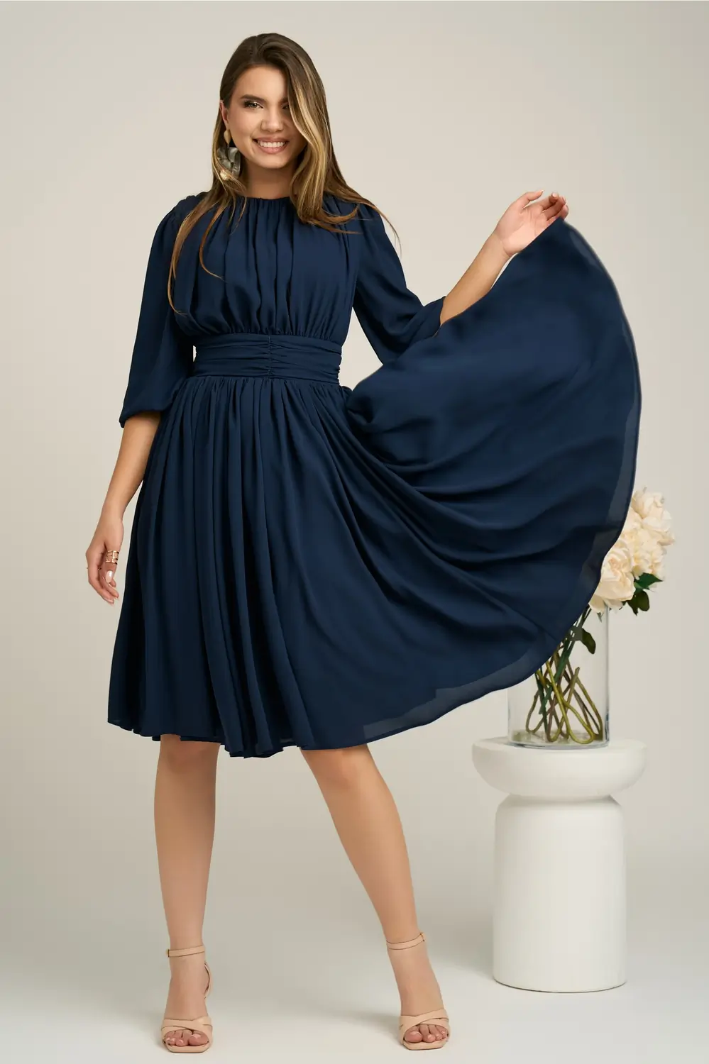 Rochie DY Fashion din voal bleumarin clos cu pliuri