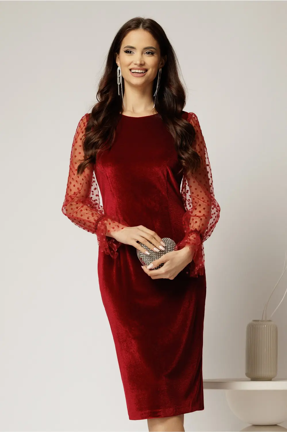 Rochie DY Fashion eleganta din catifea bordo cu maneci din tull cu buline