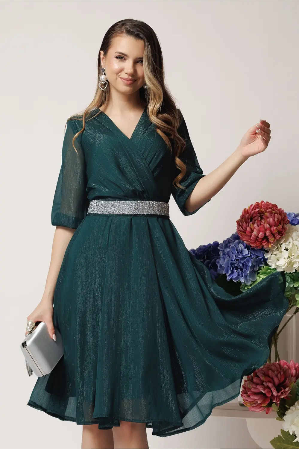 Rochie DY Fashion eleganta din voal verde inchis cu fir stralucitor si cordon
