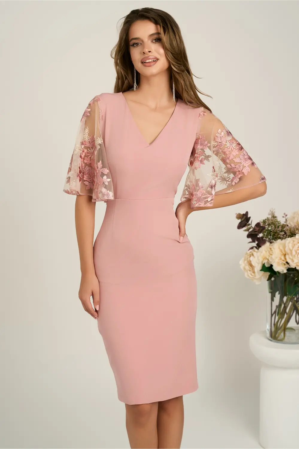 Rochie DY Fashion midi roz din stofa conica cu maneci din dantela