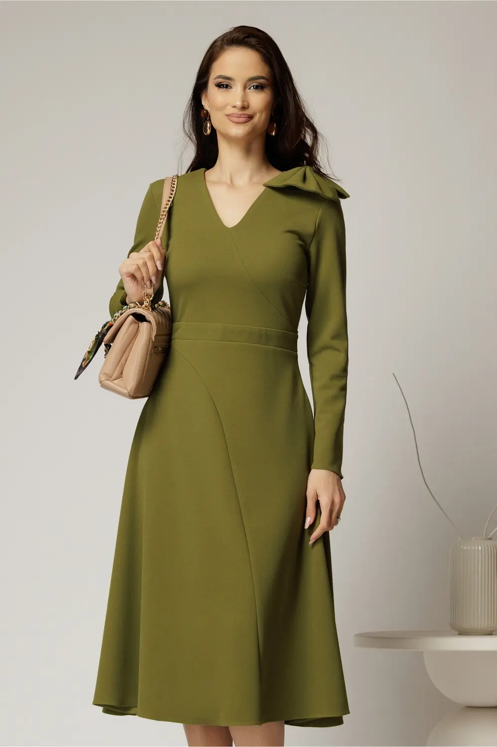 Rochie DY Fashion verde olive midi cu funda pe umar