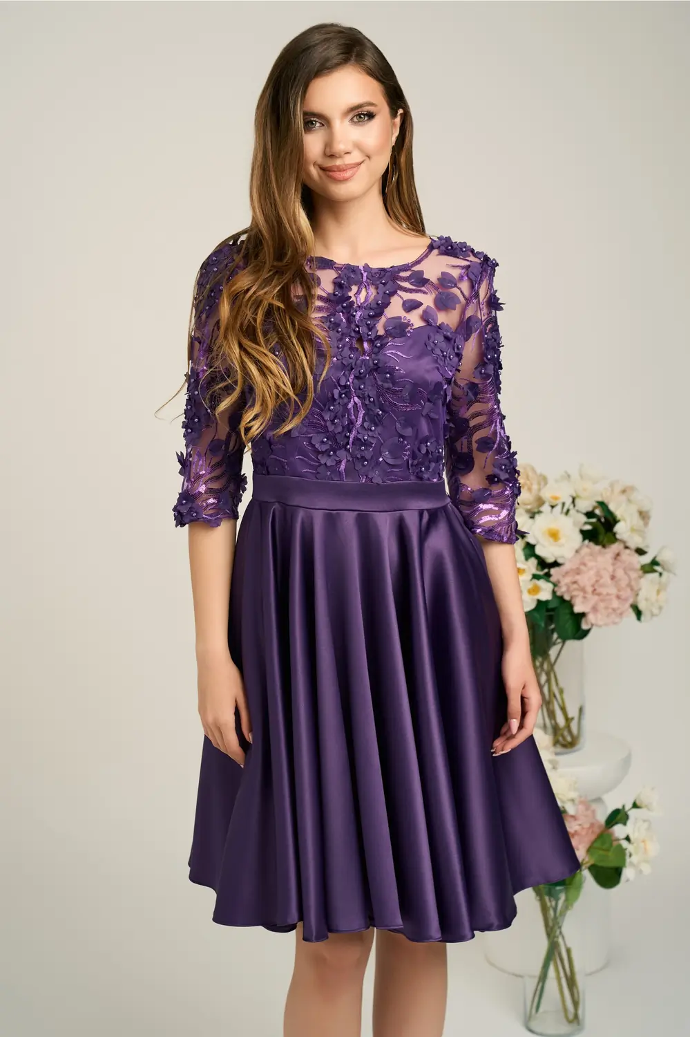 Rochie Ella Collection Ana eleganta din tafta mov cu broderie florala 3D la bust