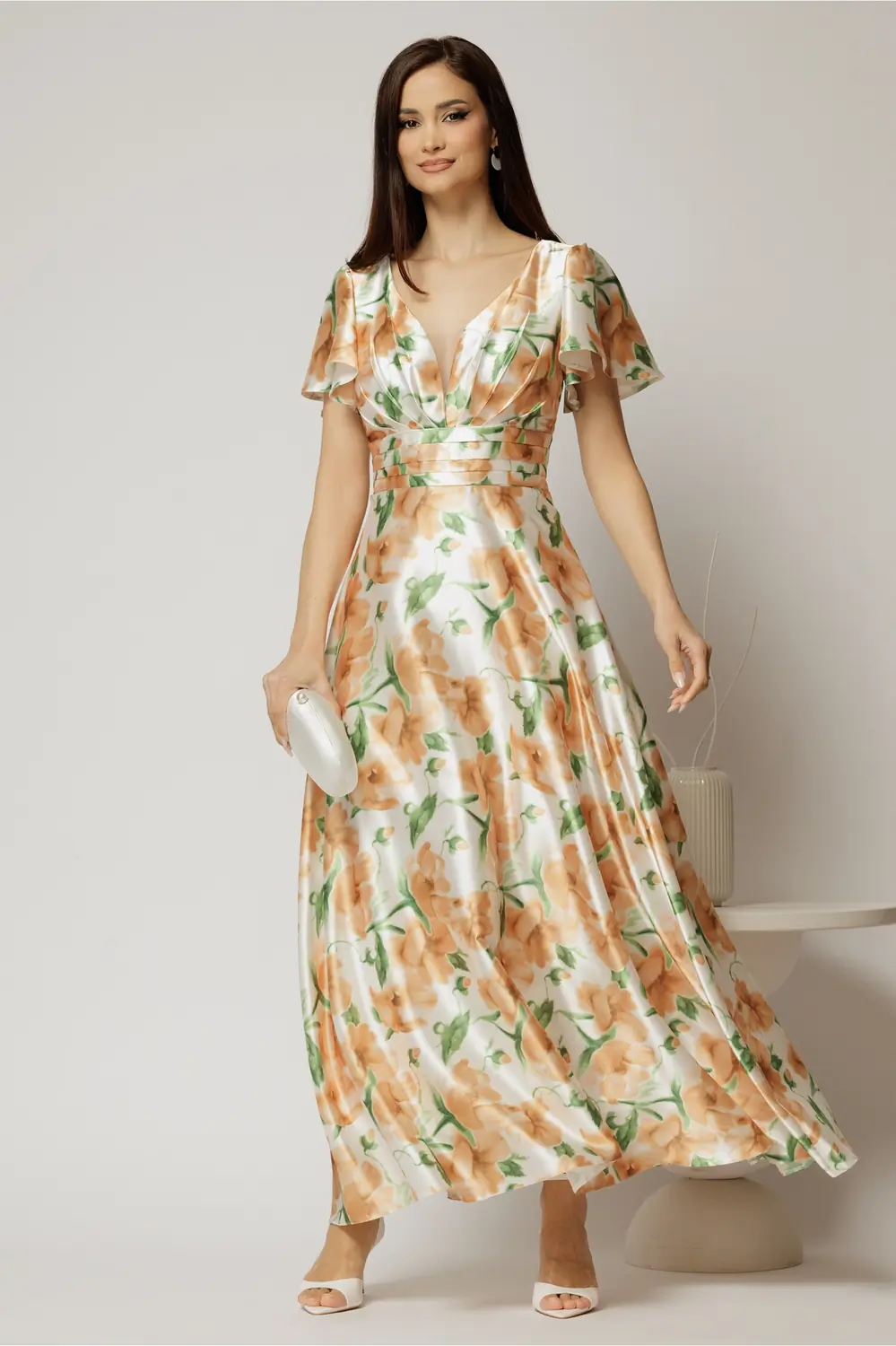 Rochie lunga de ocazie cu imprimeuri maro si verde din material satinat