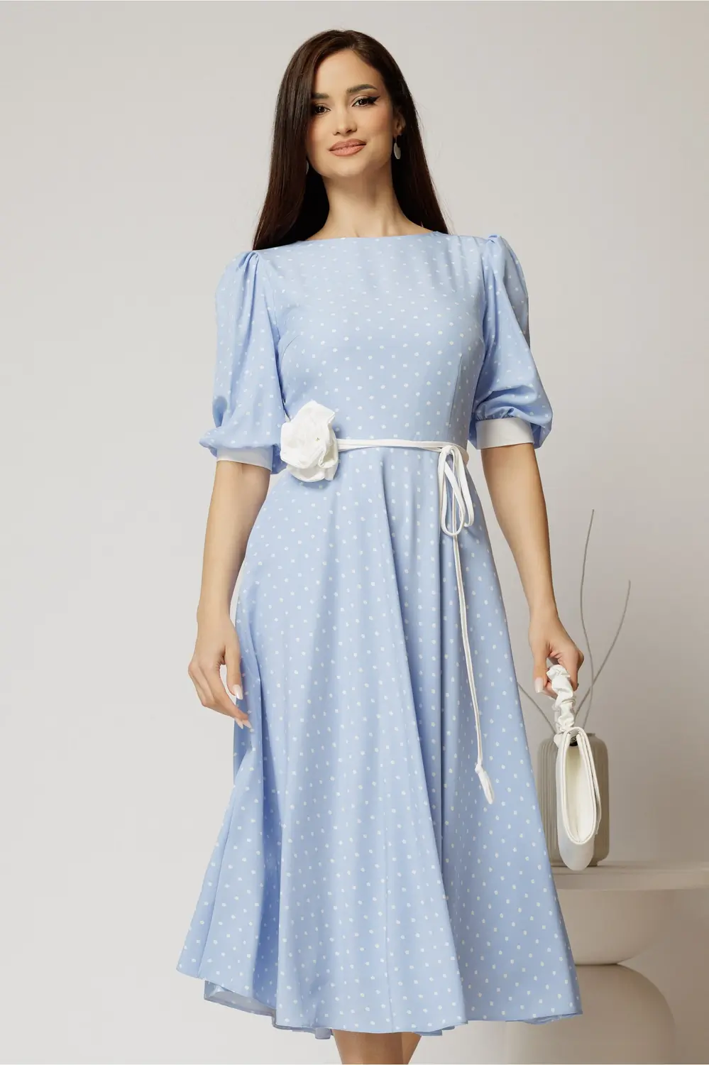 Rochie midi bleu cu buline si cordon detasabil in talie