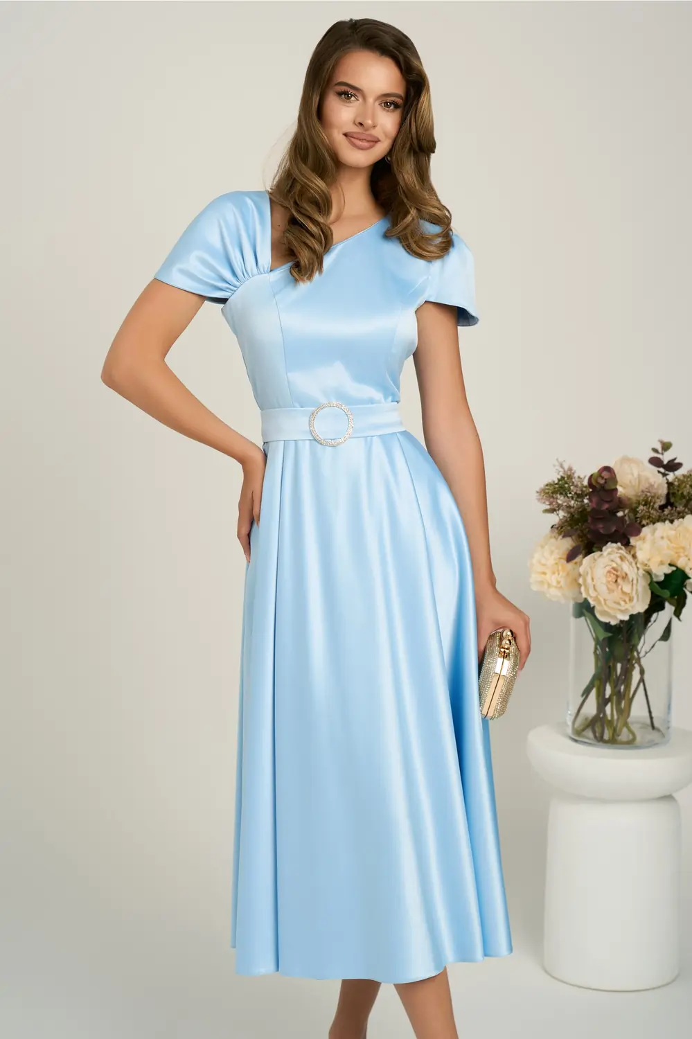 Rochie midi bleu din tafta subtire in clos cu cordon in talie