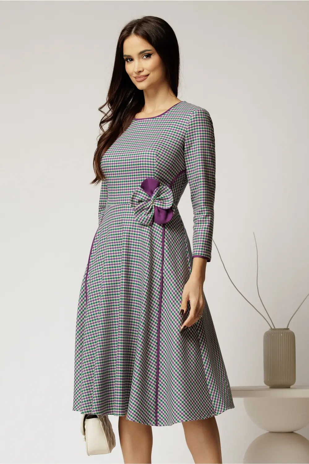 Rochie midi din stofa carou verde si finisaje mov