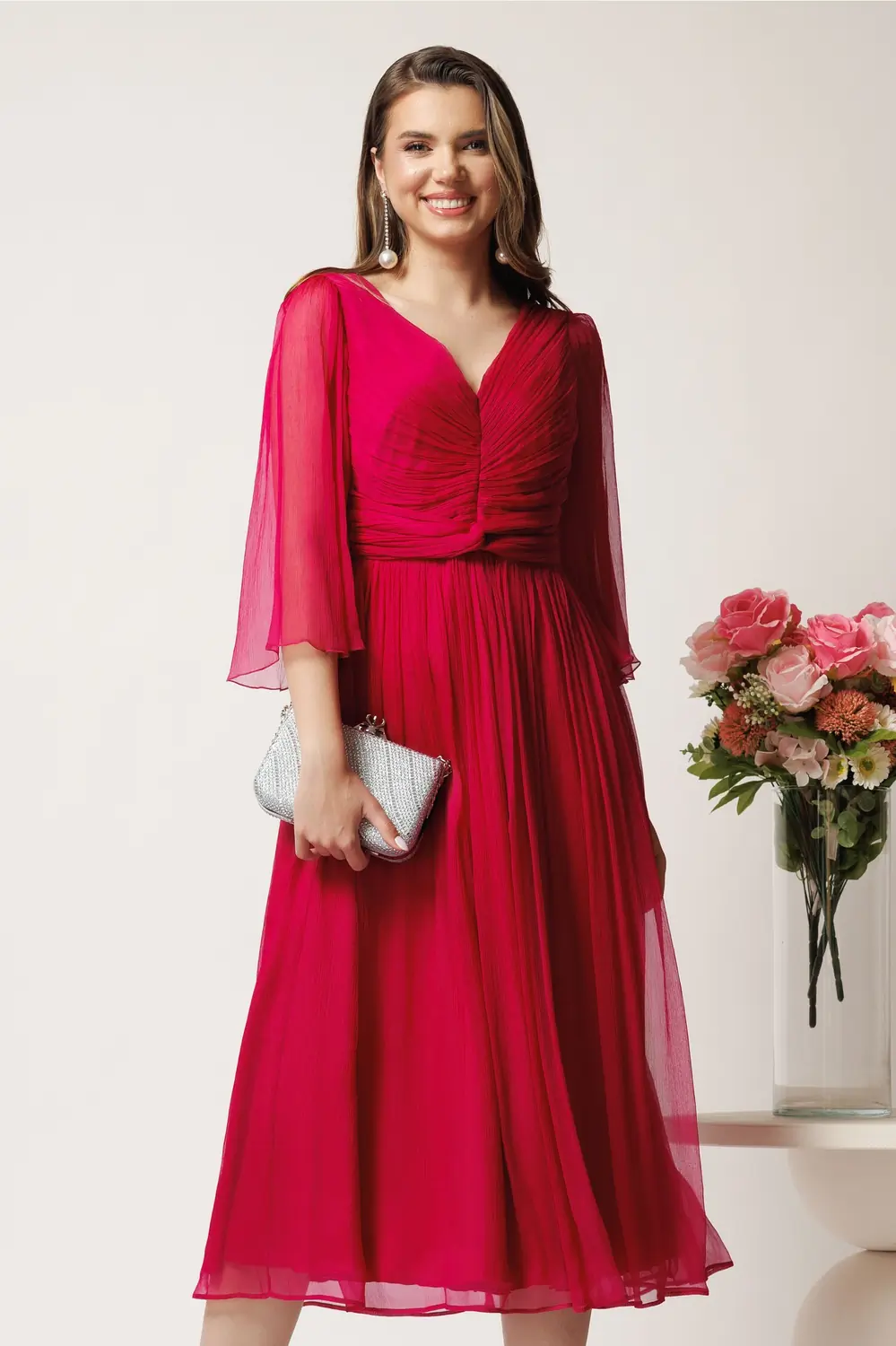 Rochie midi fucsia in din matase naturala cu maneci evazate- Leonard Collection