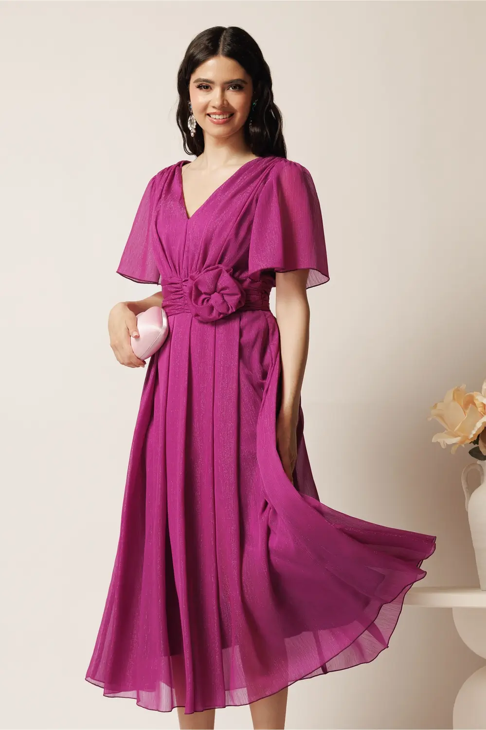 Rochie midi magenta din voal clos cu floare in talie- Moze