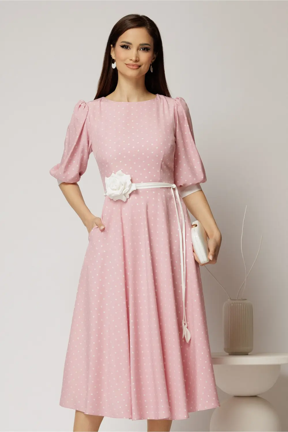 Rochie midi roz cu buline si cordon detasabil in talie