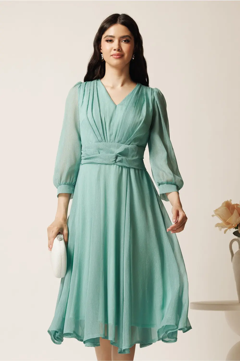 Rochie midi verde mint in clos din voal cu fir lurex- Ella Collection Gina