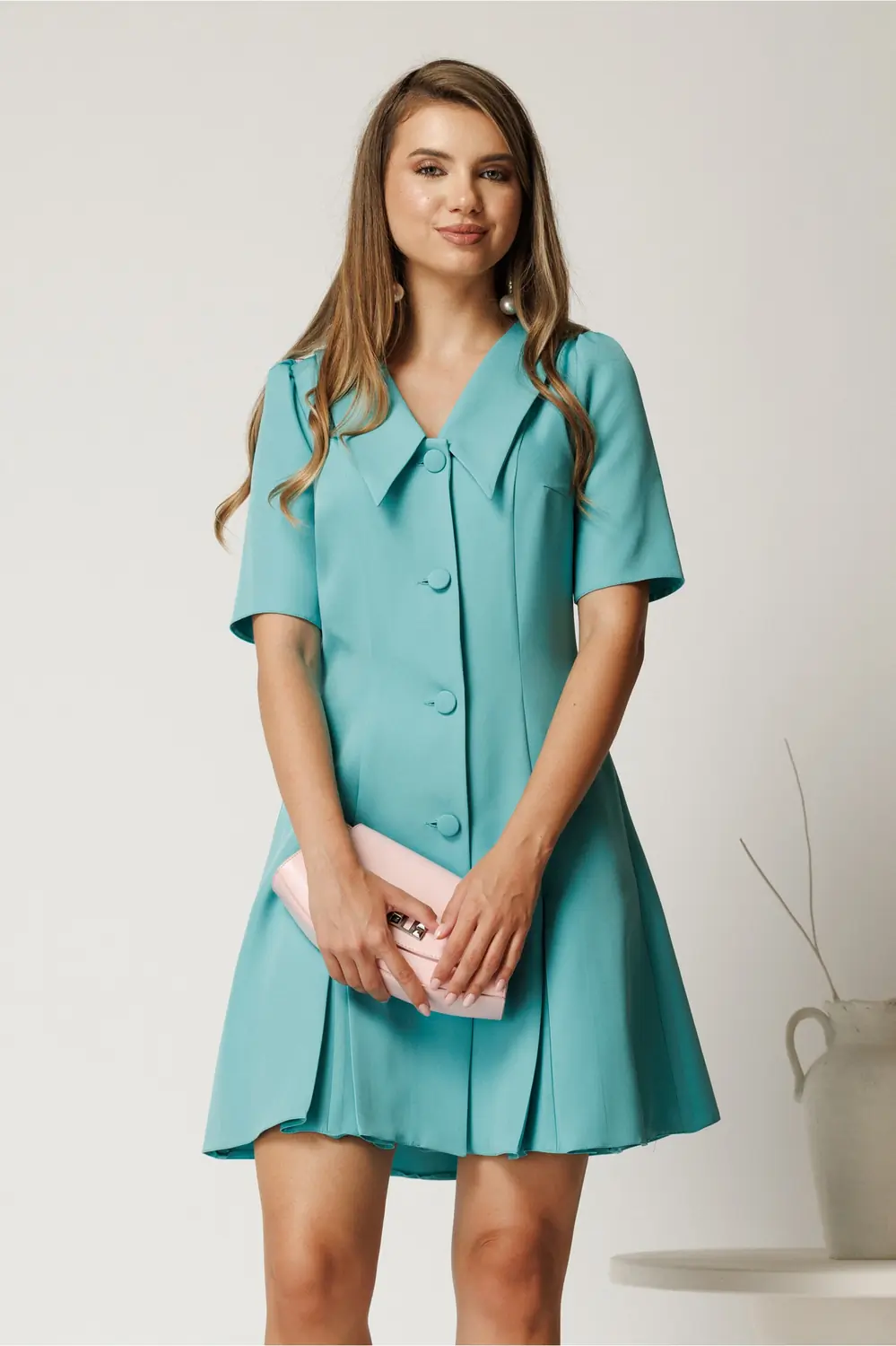 Rochie scurta turcoaz din stofa in clini cu nasturi si guler maxi