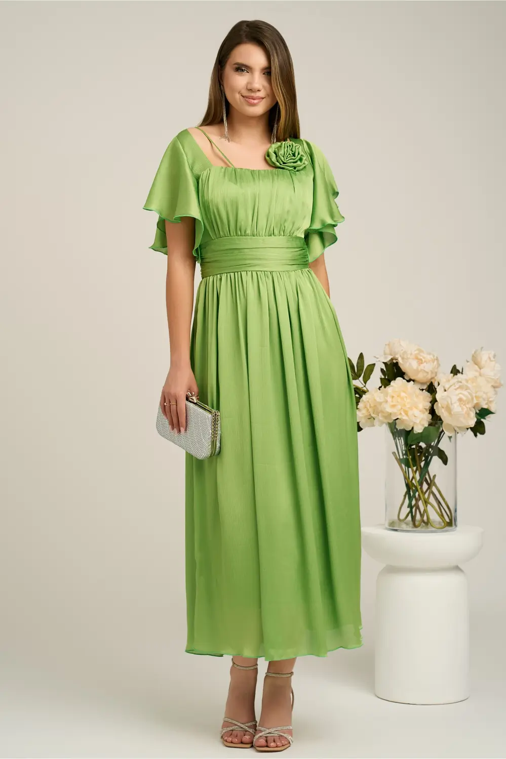 Rochie lunga eleganta din voal verde cu floare la bust- Moze