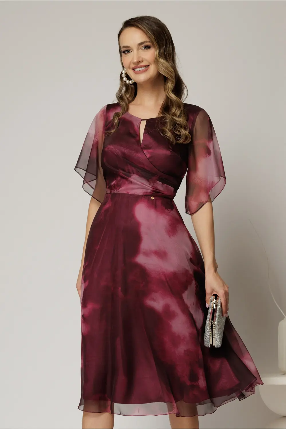 Rochie midi de ocazie in degrade magenta din voal fin